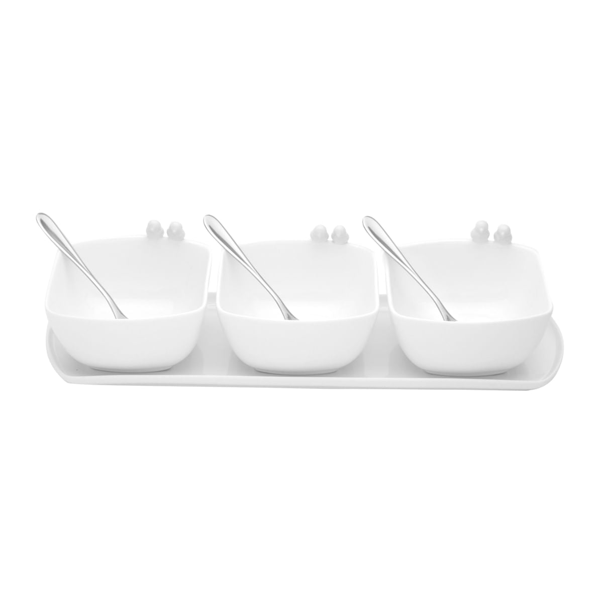 Jogo 3 Petisqueiras Porcelana com Bandeja e Colher Birds Branca 36cm - Ela Decora