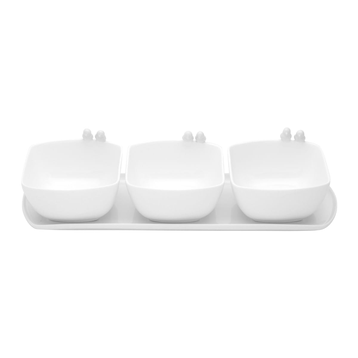 Jogo 3 Petisqueiras Porcelana com Bandeja e Colher Birds Branca 36cm - Ela Decora