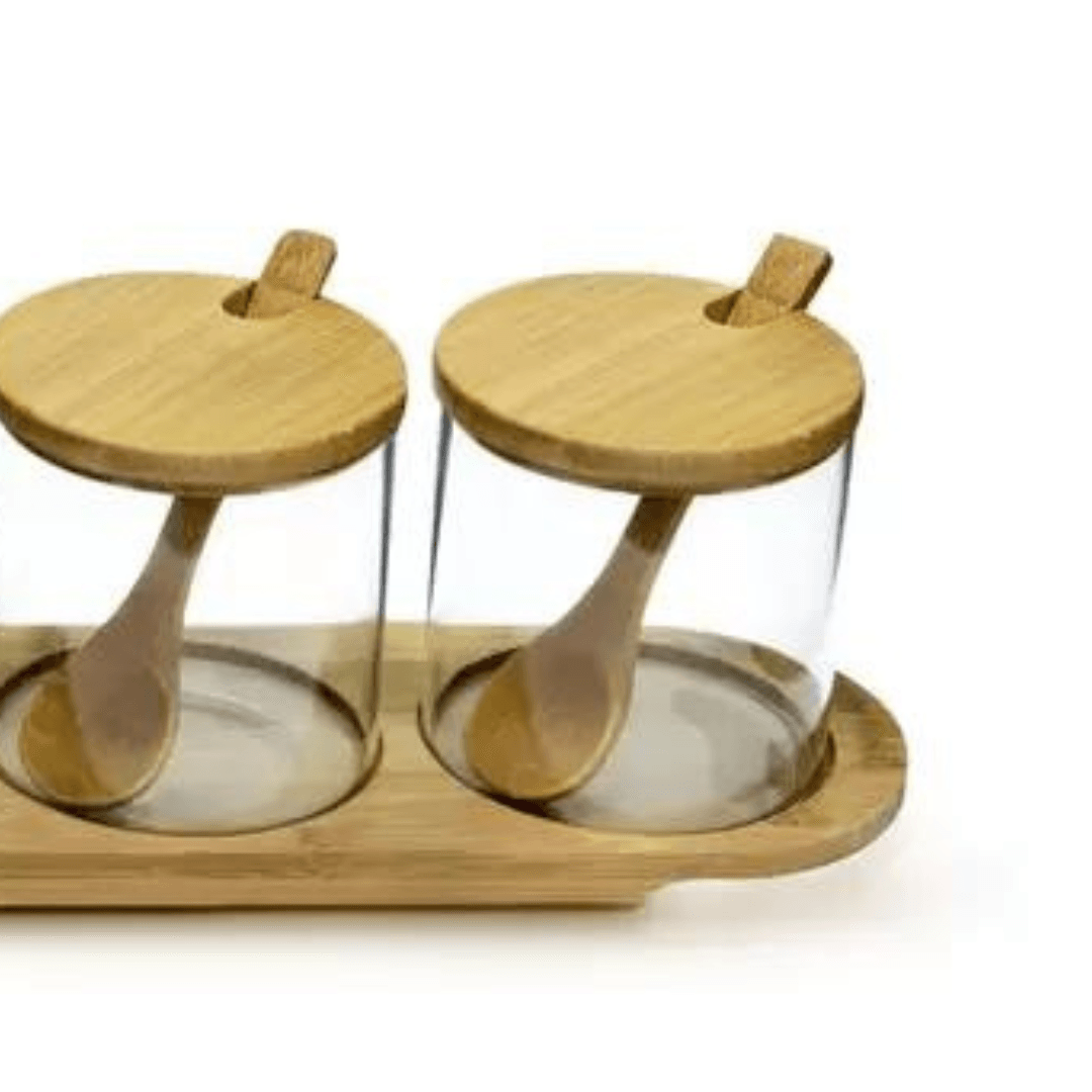 Jogo 3 Porta Condimentos com Suporte de Bambu e Colher 4 Peças - Ela Decora