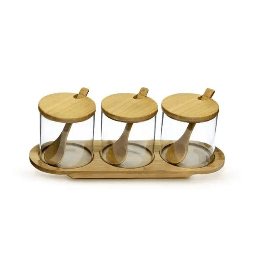 Jogo 3 Porta Condimentos com Suporte de Bambu e Colher 4 Peças - Ela Decora