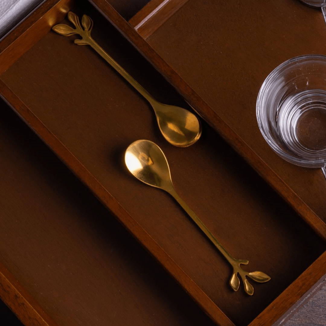 Jogo 4 Colheres Para Chá Aço Inox Leaves Dourado - Ela Decora