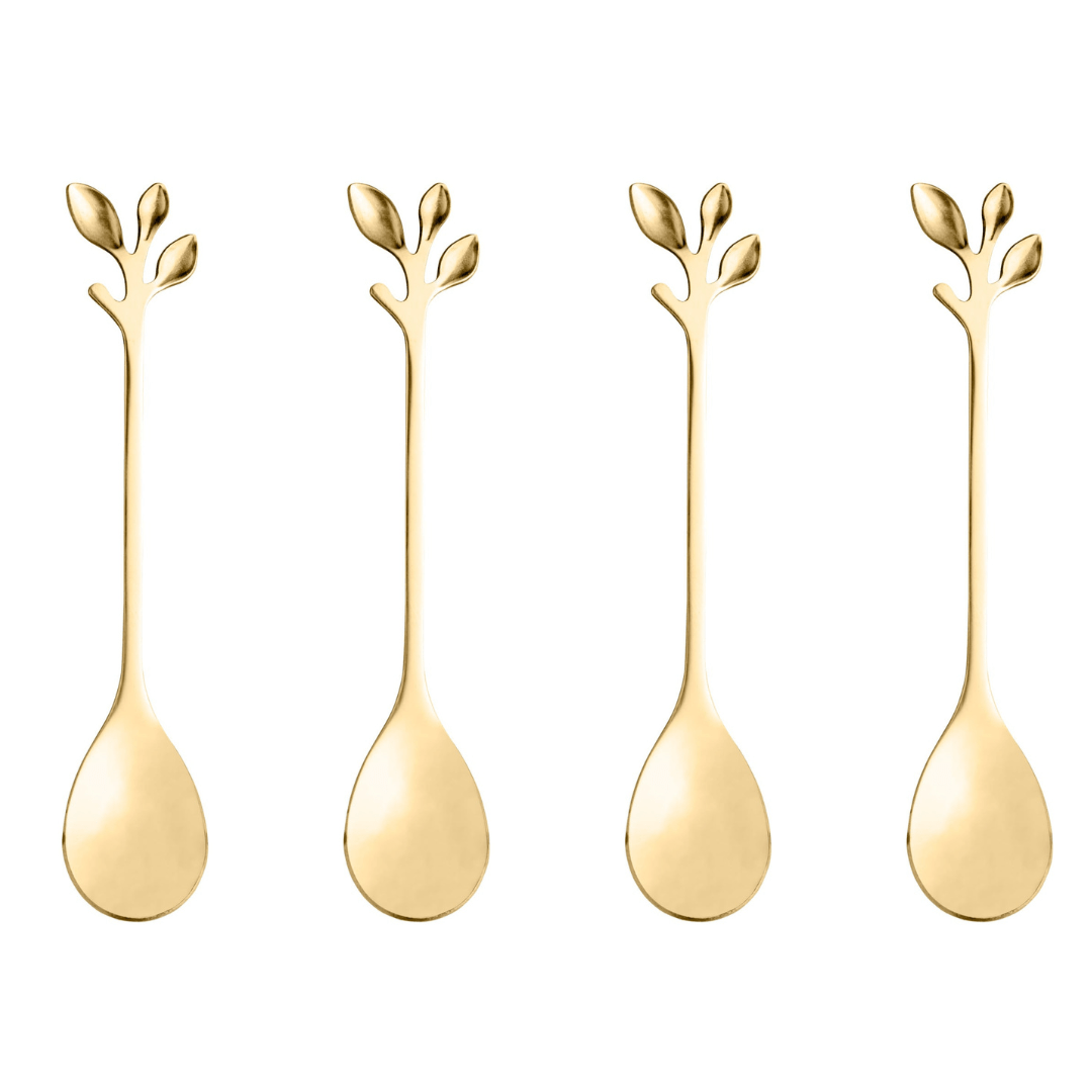 Jogo 4 Colheres Para Chá Aço Inox Leaves Dourado - Ela Decora