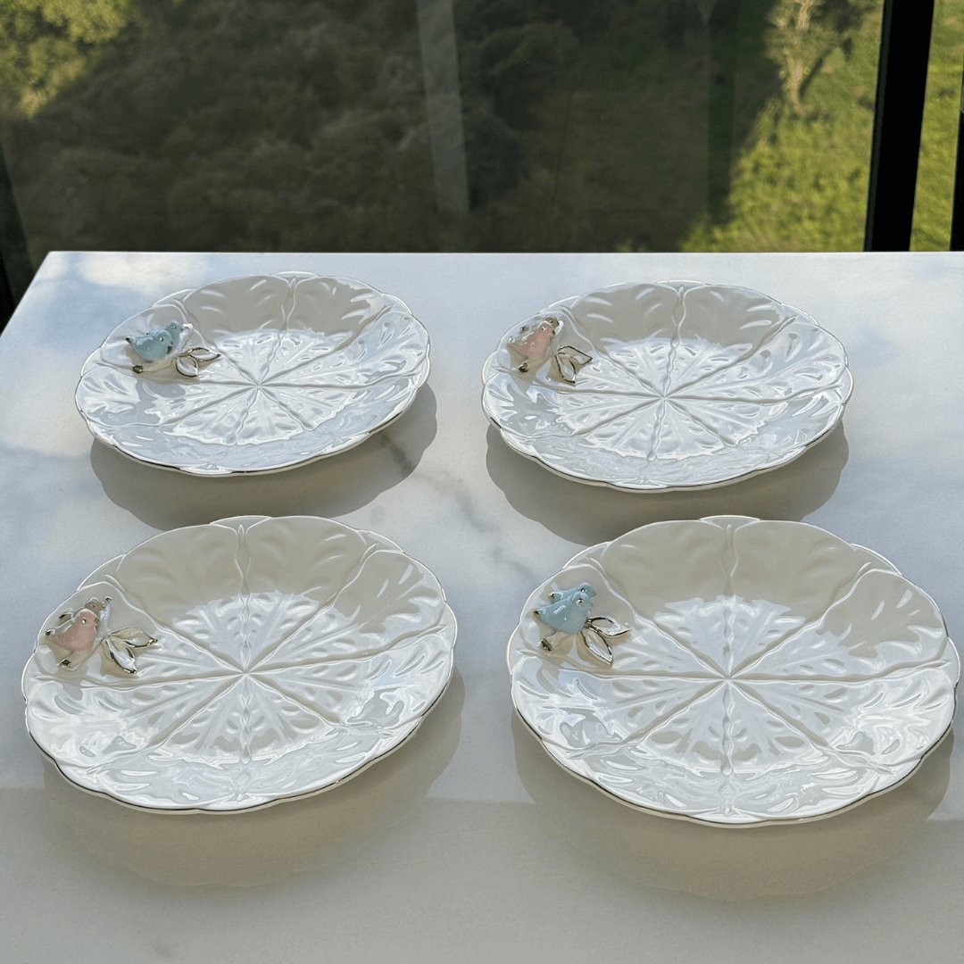 Jogo 4 Pratos para Sobremesa Bird Porcelana Branco 20cm - Ela Decora