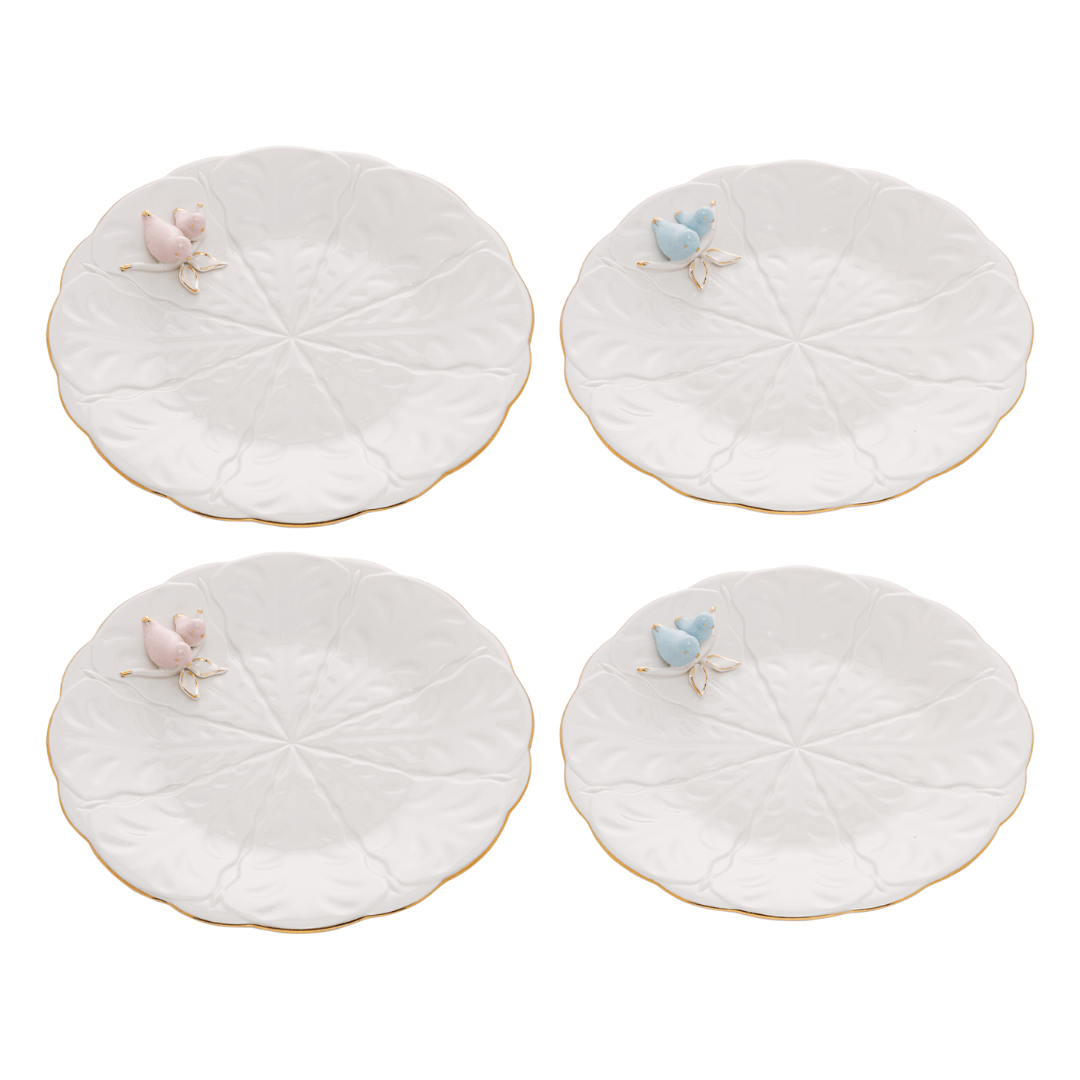 Jogo 4 Pratos para Sobremesa Bird Porcelana Branco 20cm - Ela Decora