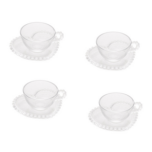 Jogo 4 Xícaras Chá Cristal de Chumbo Com Pires Coração Pearl 180ml - Ela Decora