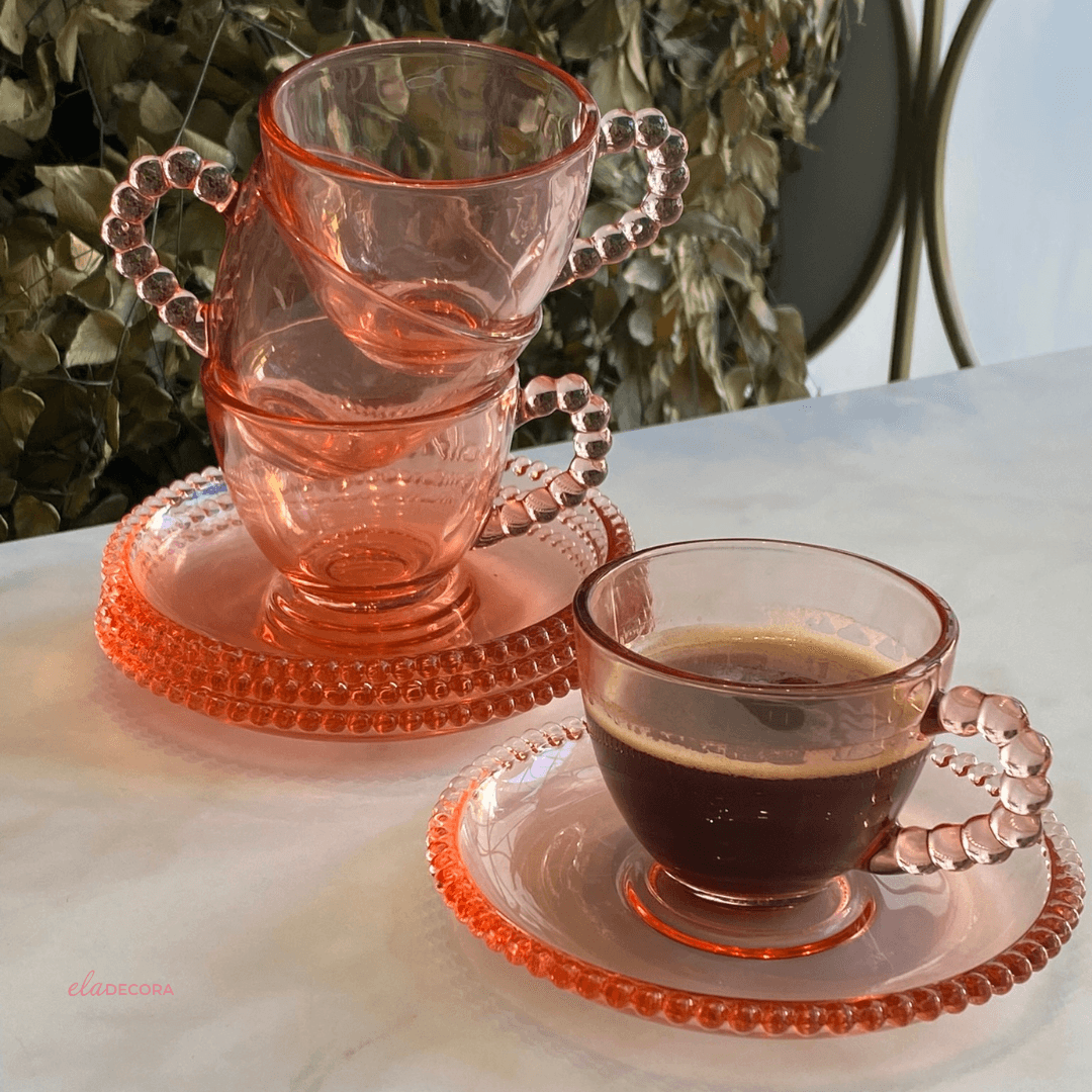 Jogo 4 Xicaras de Café Cristal de Chumbo com Pires Pearl Rosa 80ml - Ela Decora