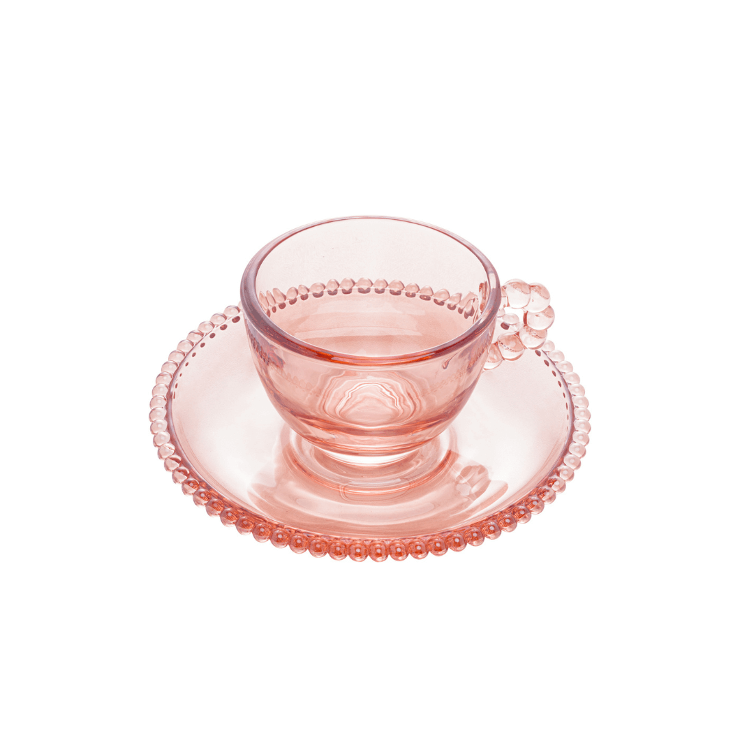 Jogo 4 Xicaras de Café Cristal de Chumbo com Pires Pearl Rosa 80ml - Ela Decora