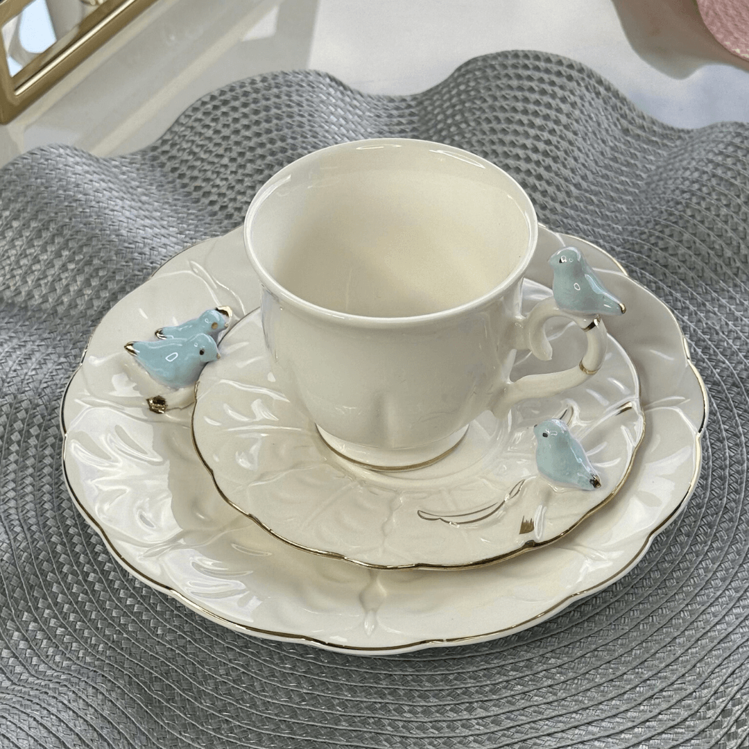 Jogo 4 Xicaras para Chá em Porcelana Birds Branca 200ml - Ela Decora