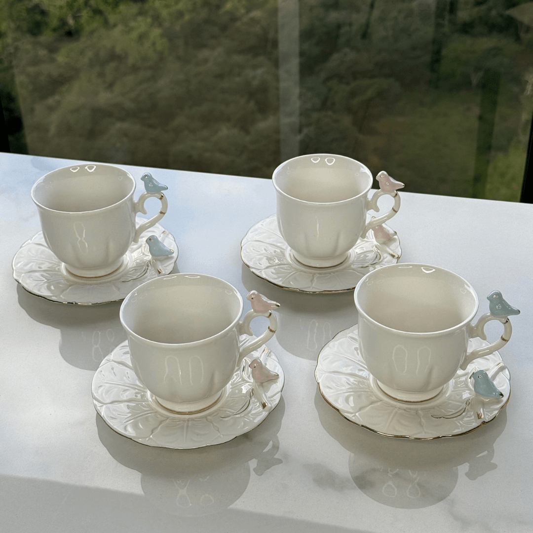 Jogo 4 Xicaras para Chá em Porcelana Birds Branca 200ml - Ela Decora