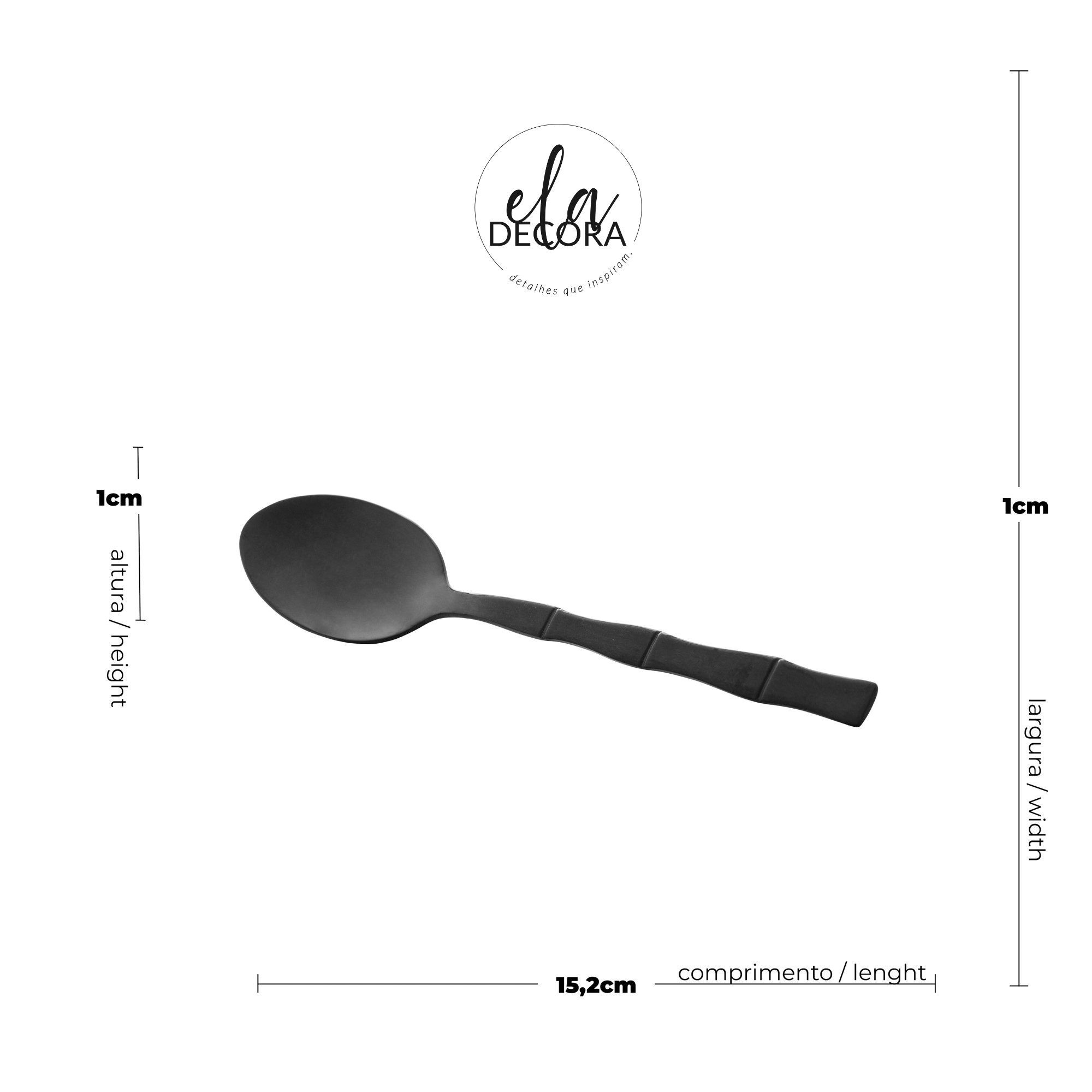 Jogo 6 Colheres para Sobremesa Estilo Bambu Aço Inox Elegant Preto Ônix 15,2 cm - Ela Decora