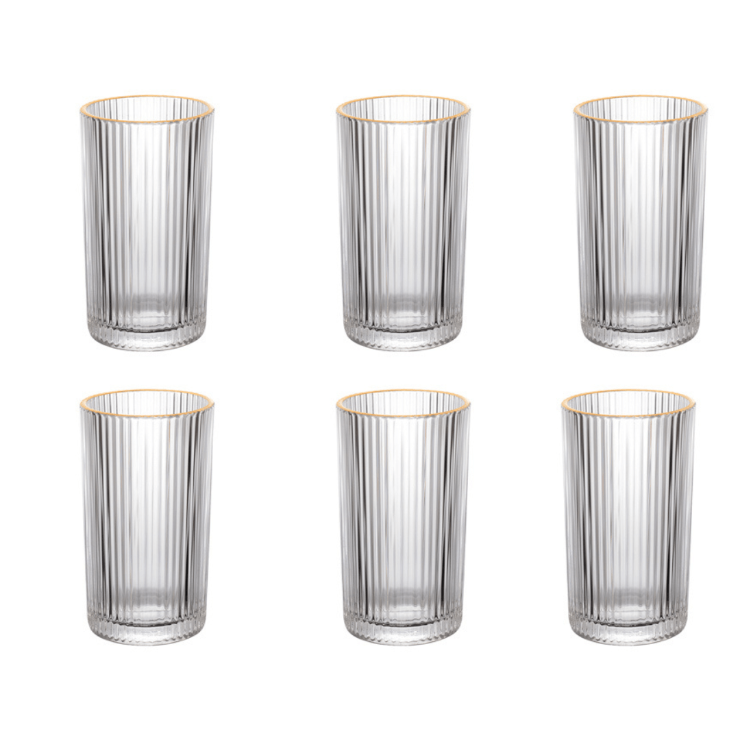 Jogo 6 Copos Altos Long Drink com Borda Dourada Graffiato 420ml - Ela Decora