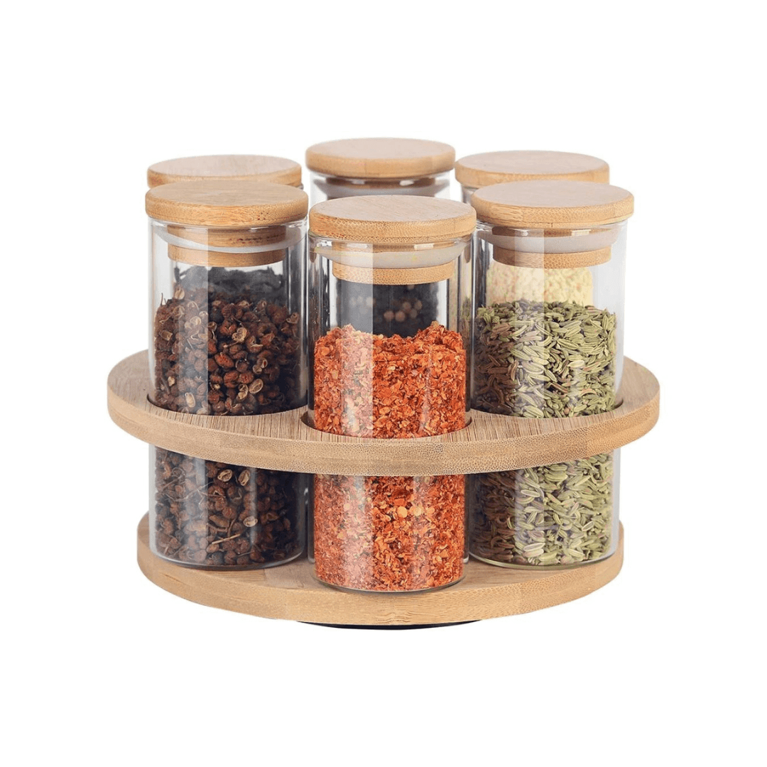 Jogo 6 Porta Temperos e Condimentos com Suporte Giratório em Bambu 160ml - Ela Decora