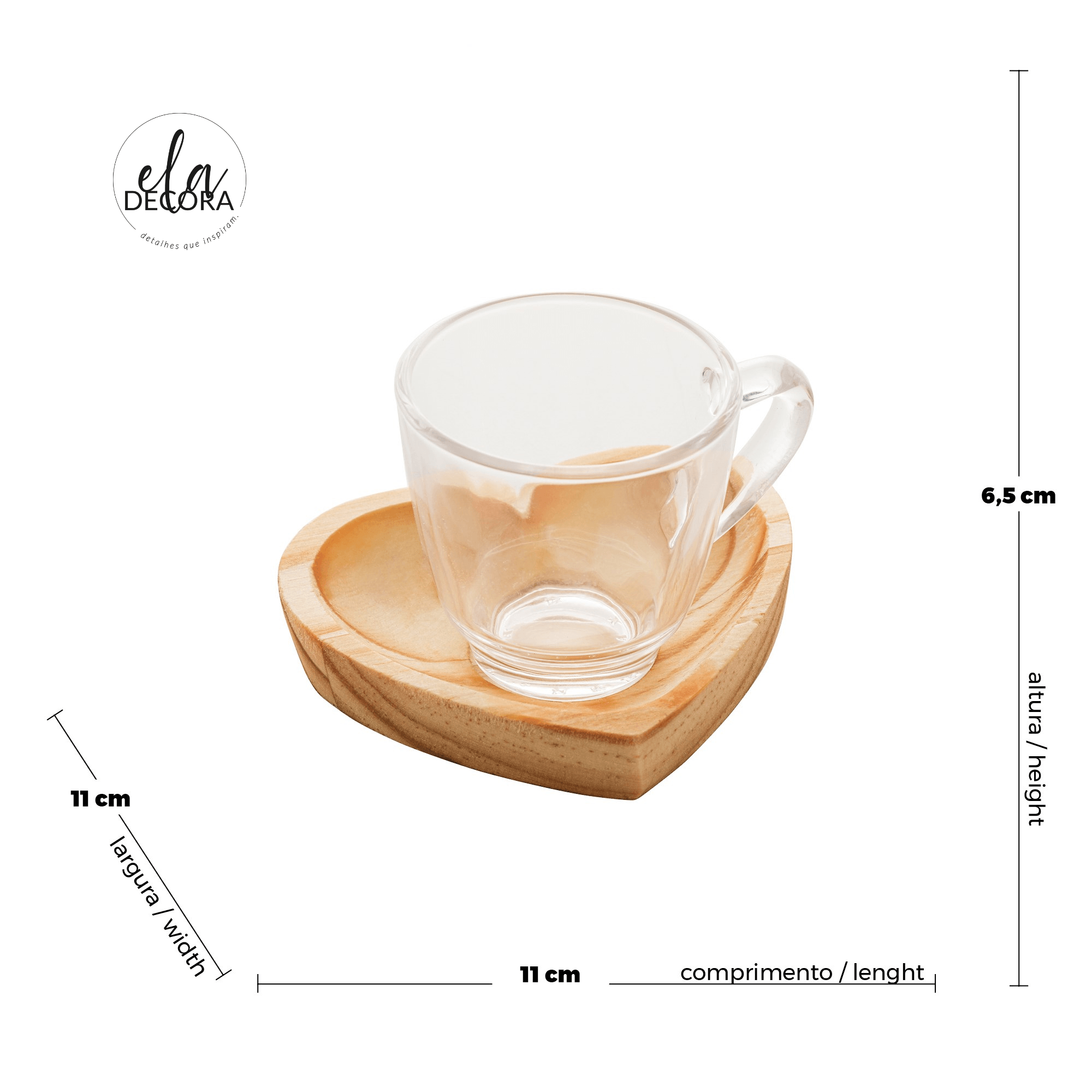 Jogo 6 Xicaras com Pires Coração Madeira Pinus 75ml - Ela Decora