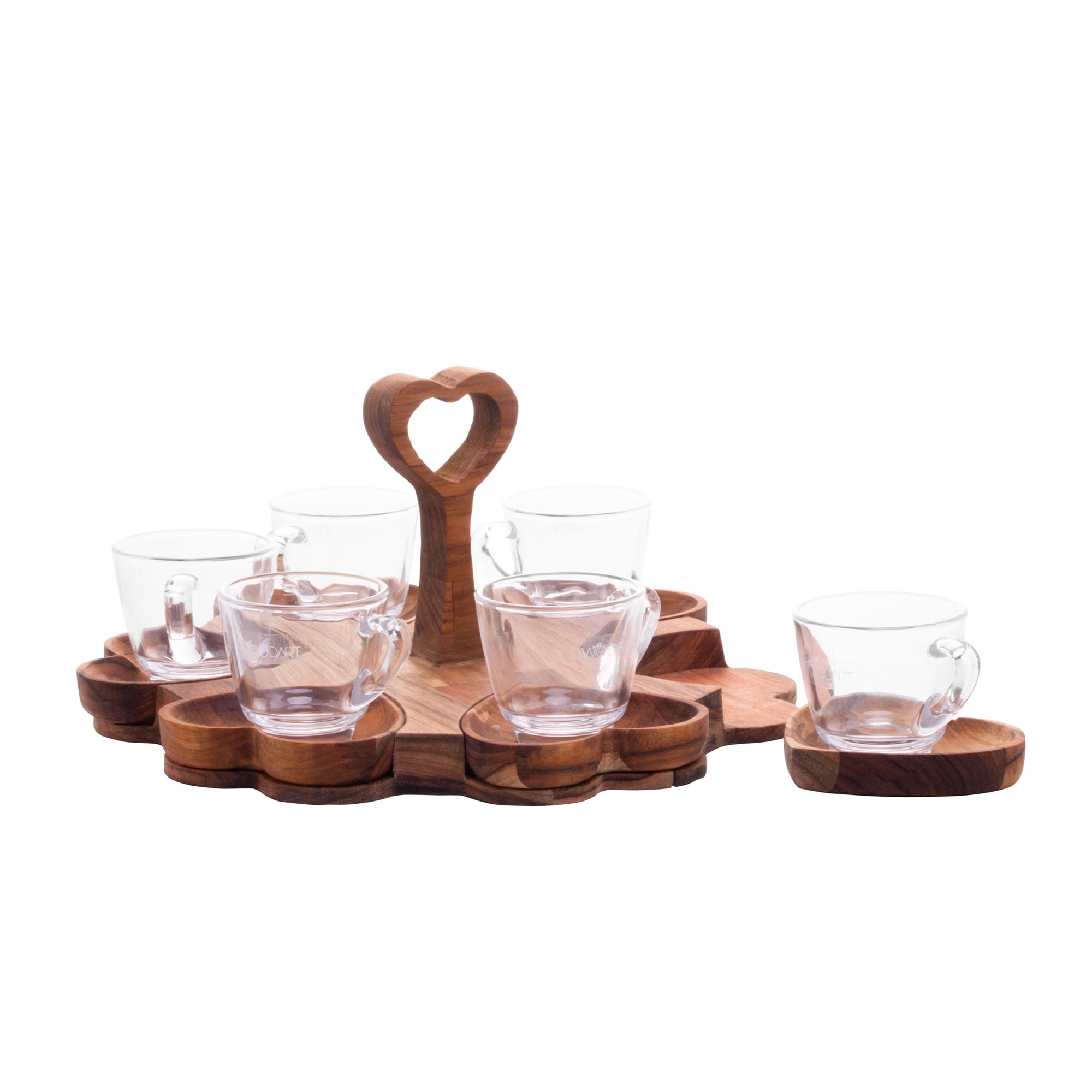 Jogo 6 Xícaras de Café 65ml com Pires Coração e Suporte de Madeira Teca - Ela Decora