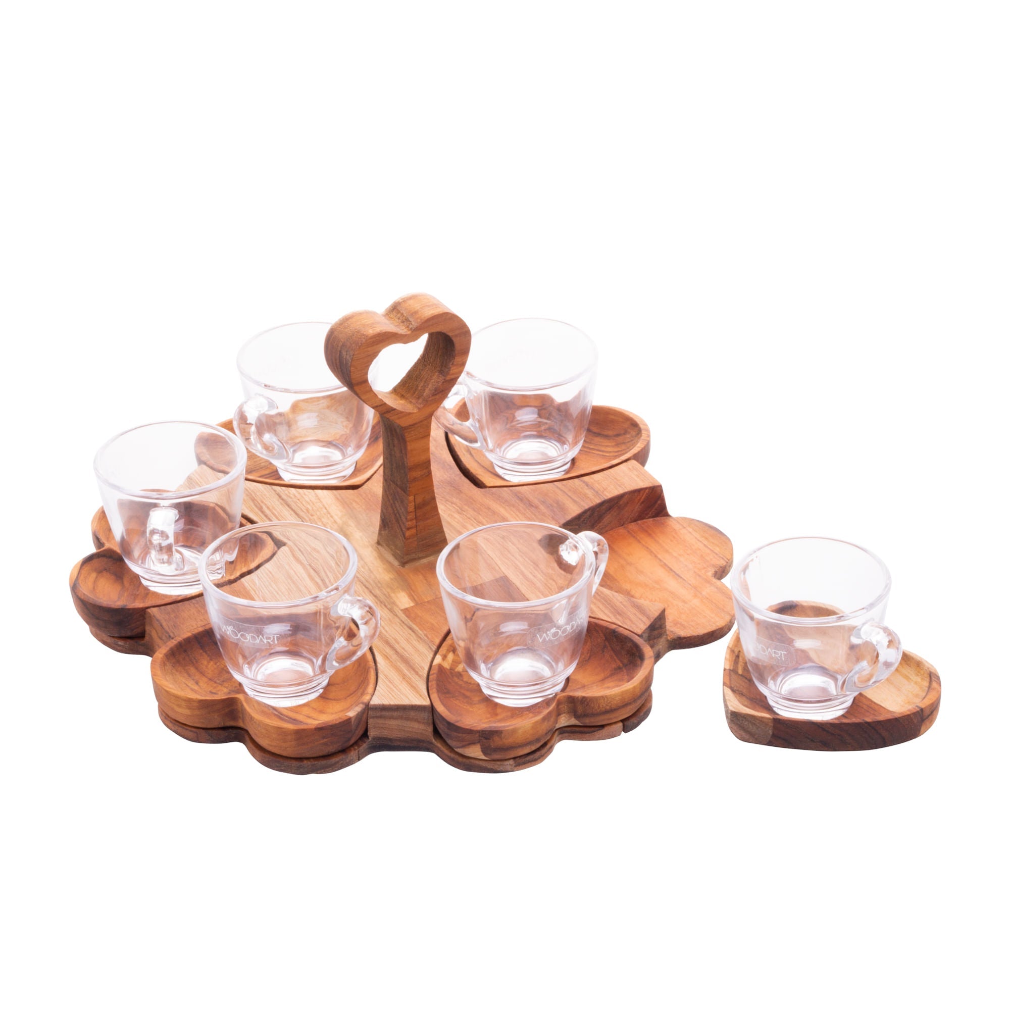 Jogo 6 Xícaras de Café 65ml com Pires Coração e Suporte de Madeira Teca - Ela Decora
