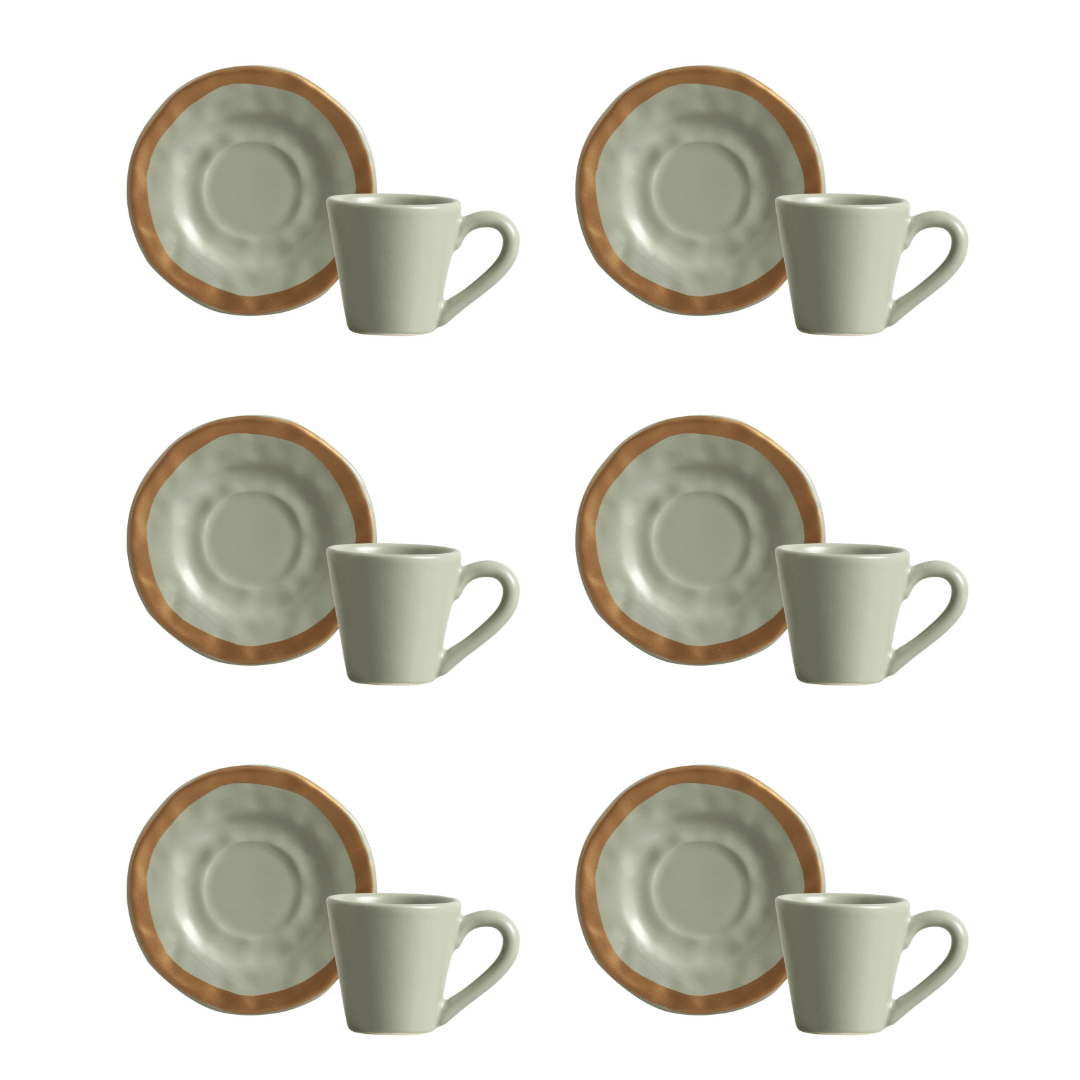 Jogo 6 Xícaras de Café com Pires Amassada Verde com Filete - Ela Decora