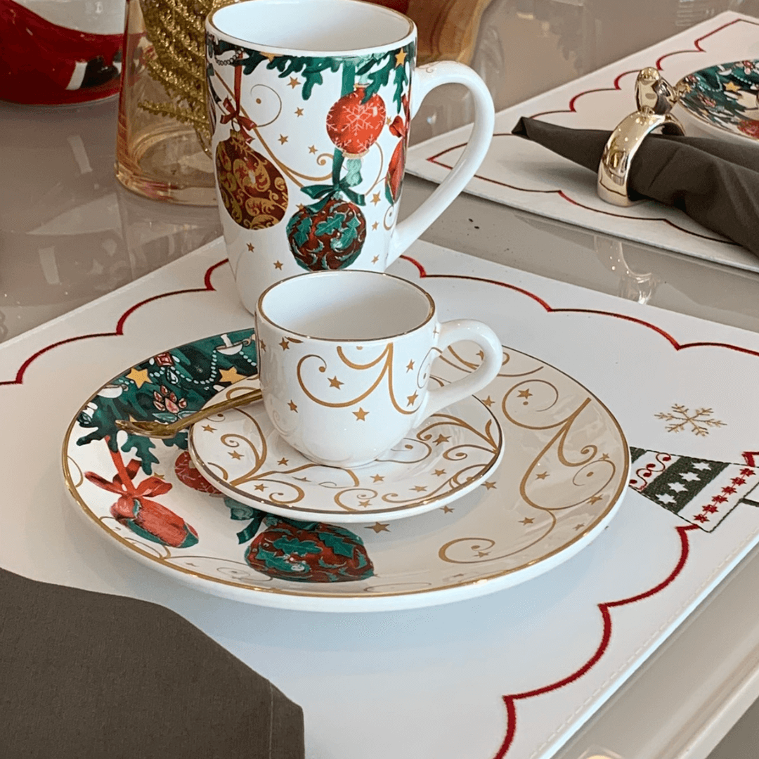Jogo 6 Xicaras de Café com Pires Fio de Ouro Natal Christmas Day - Ela Decora