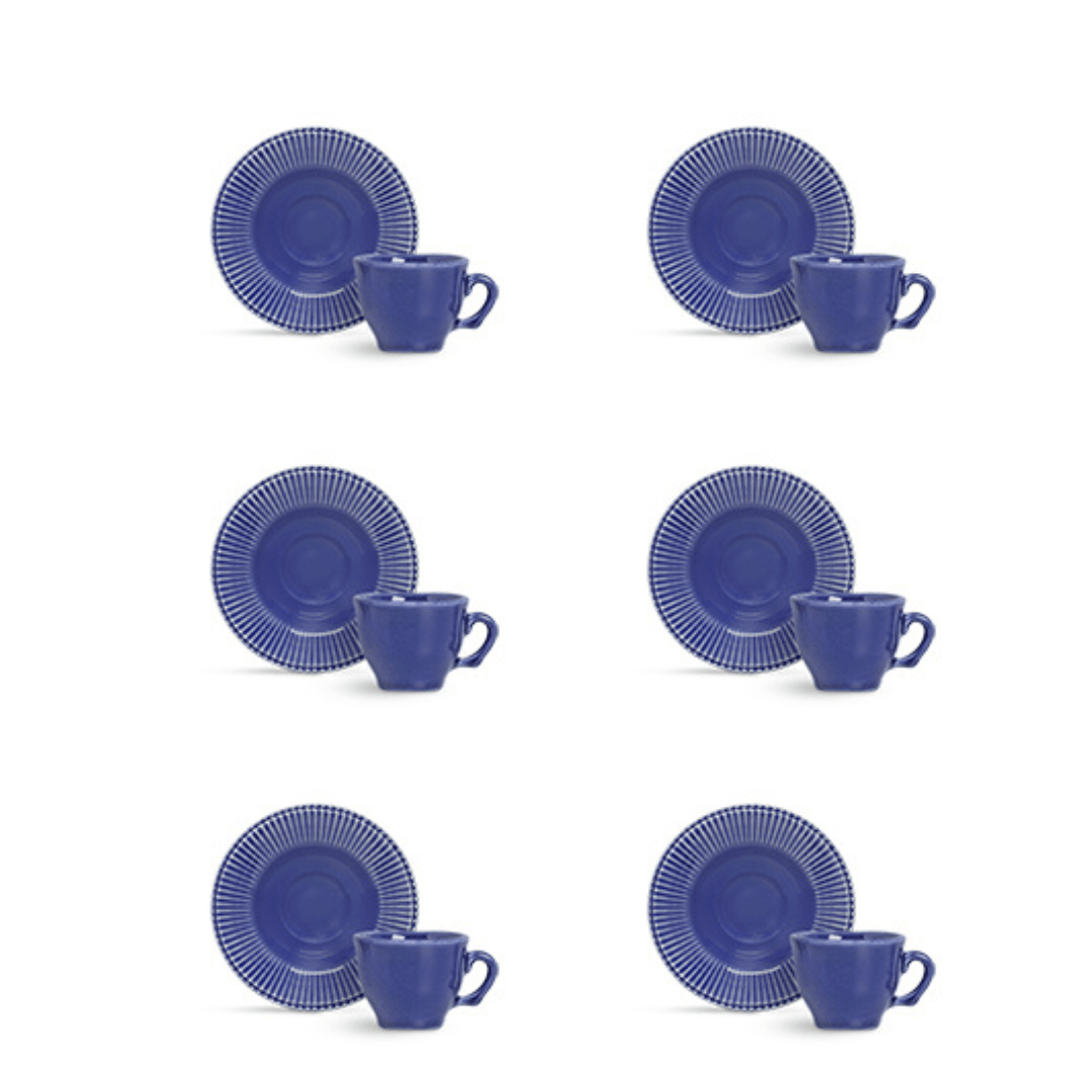 Jogo 6 Xícaras de Café com Píres Frisada Azul 100ml - Ela Decora