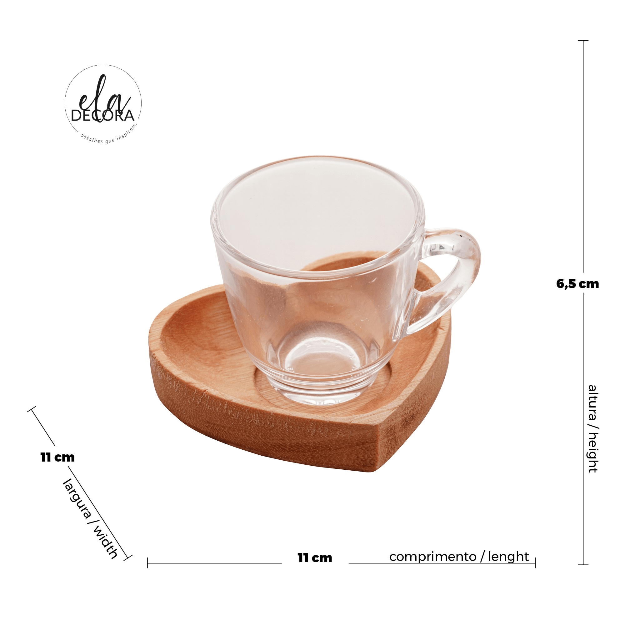 Jogo 6 Xícaras de Café Com Pires Madeira Coração Liptus 75ml - Ela Decora