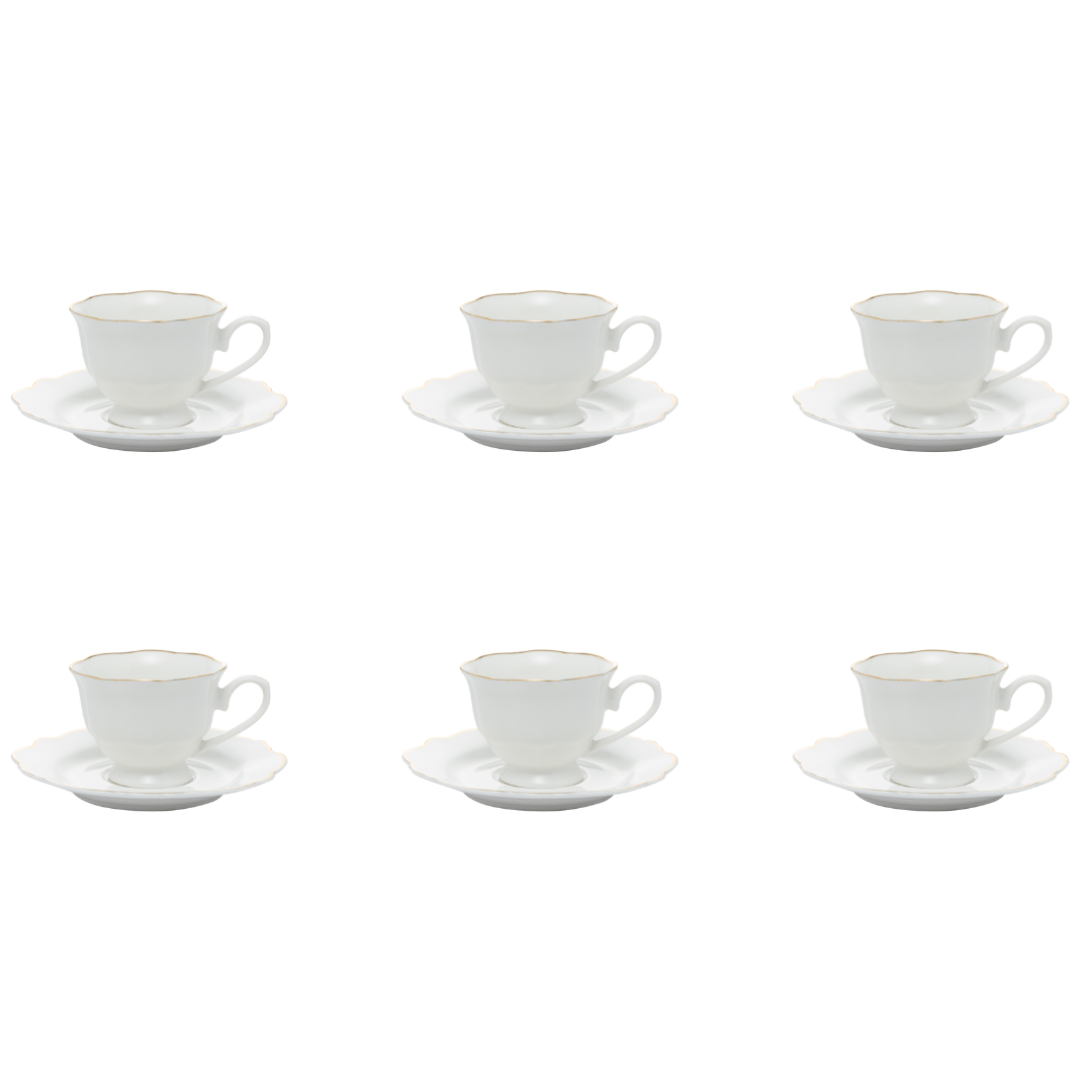 Jogo 6 Xícaras de Café com Pires Maldivas Branco com Fio de Ouro - Ela Decora