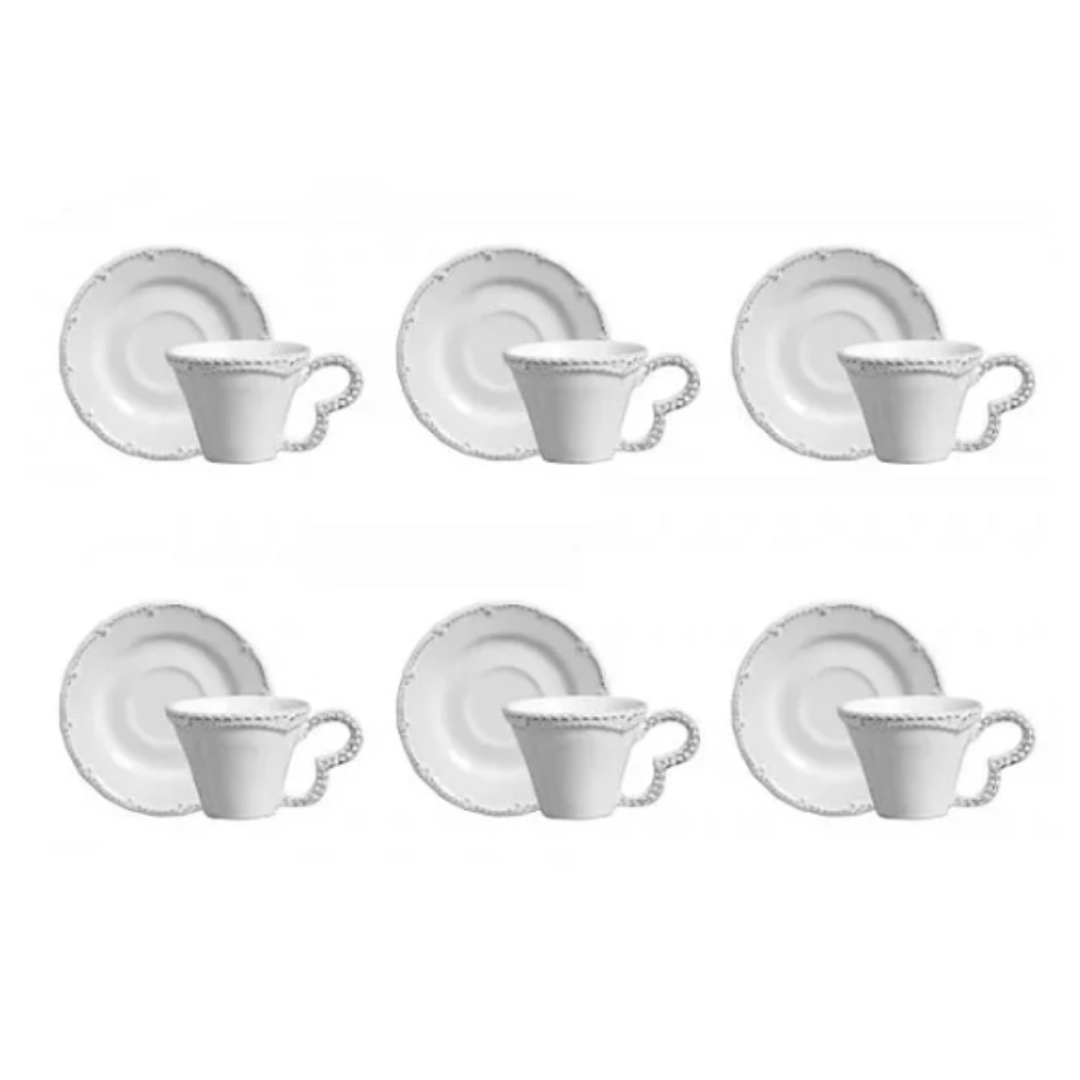Jogo 6 Xicaras de Café com Pires Rendada Provence Branca 80ml - Ela Decora