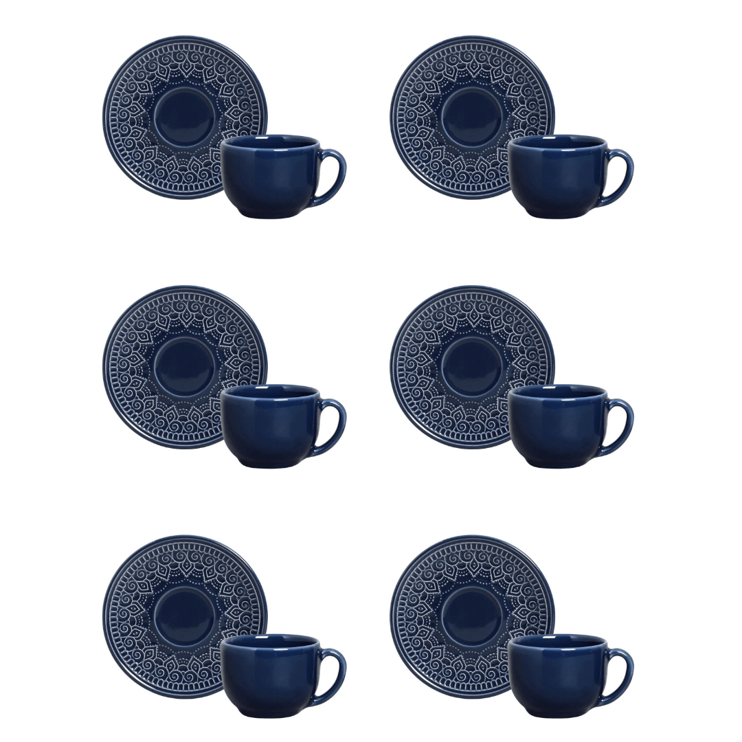 Jogo 6 Xícaras de Chá com Pires Agra Deep Blue Azul 260ml - Ela Decora