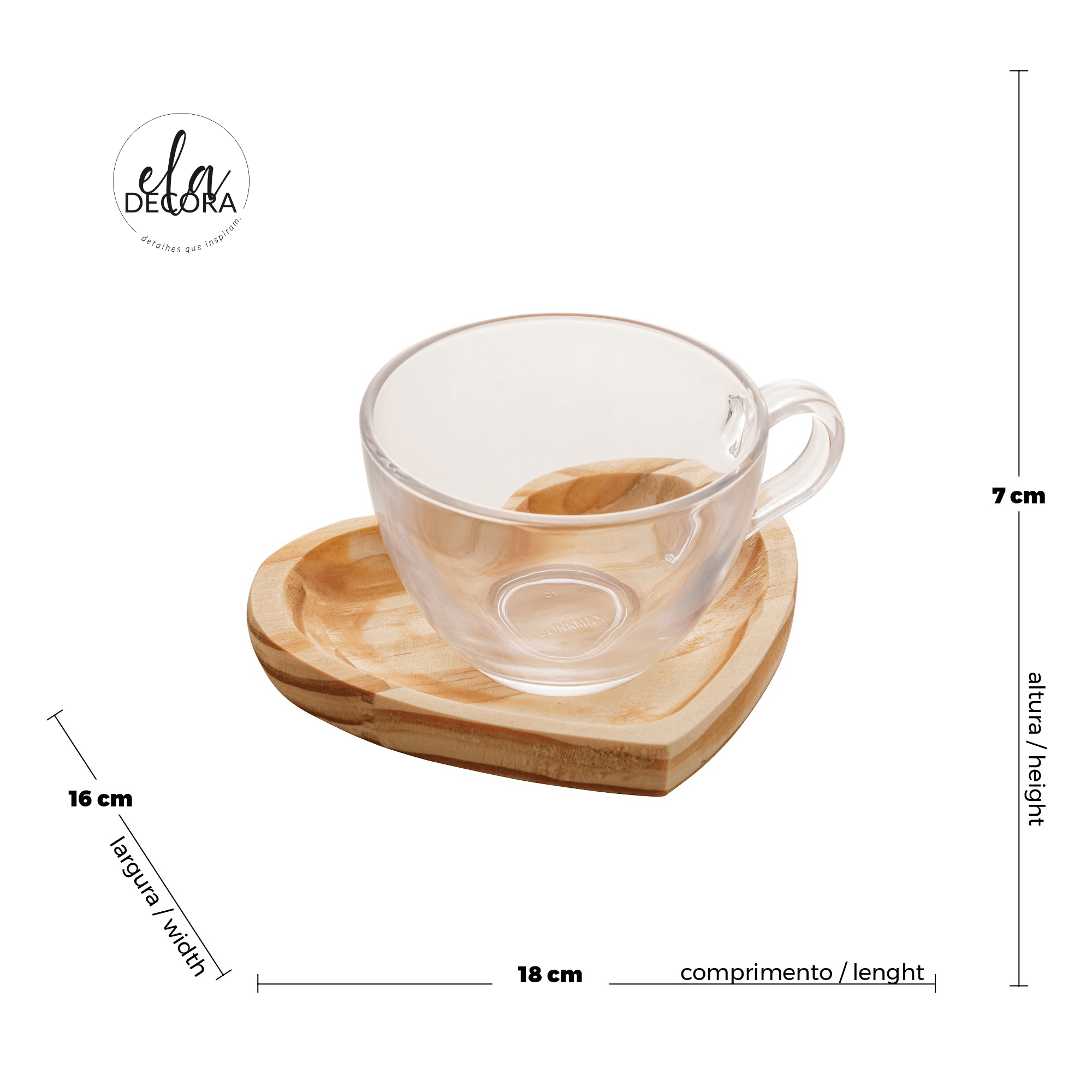 Jogo 6 Xicaras de Chá com Pires Coração Madeira Pinus 190ml - Ela Decora