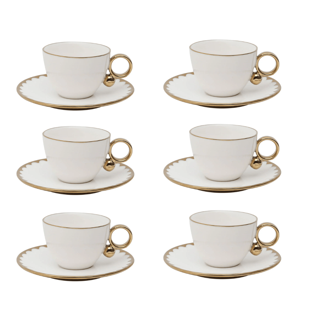 Jogo 6 Xícaras de Chá Porcelana com Pires Egg Branca e Dourada 200ml - Ela Decora