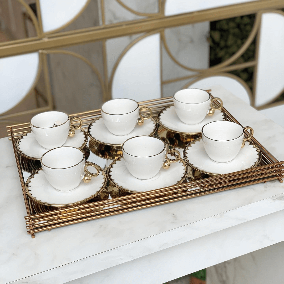 Jogo 6 Xícaras de Chá Porcelana com Pires Egg Branca e Dourada 200ml - Ela Decora