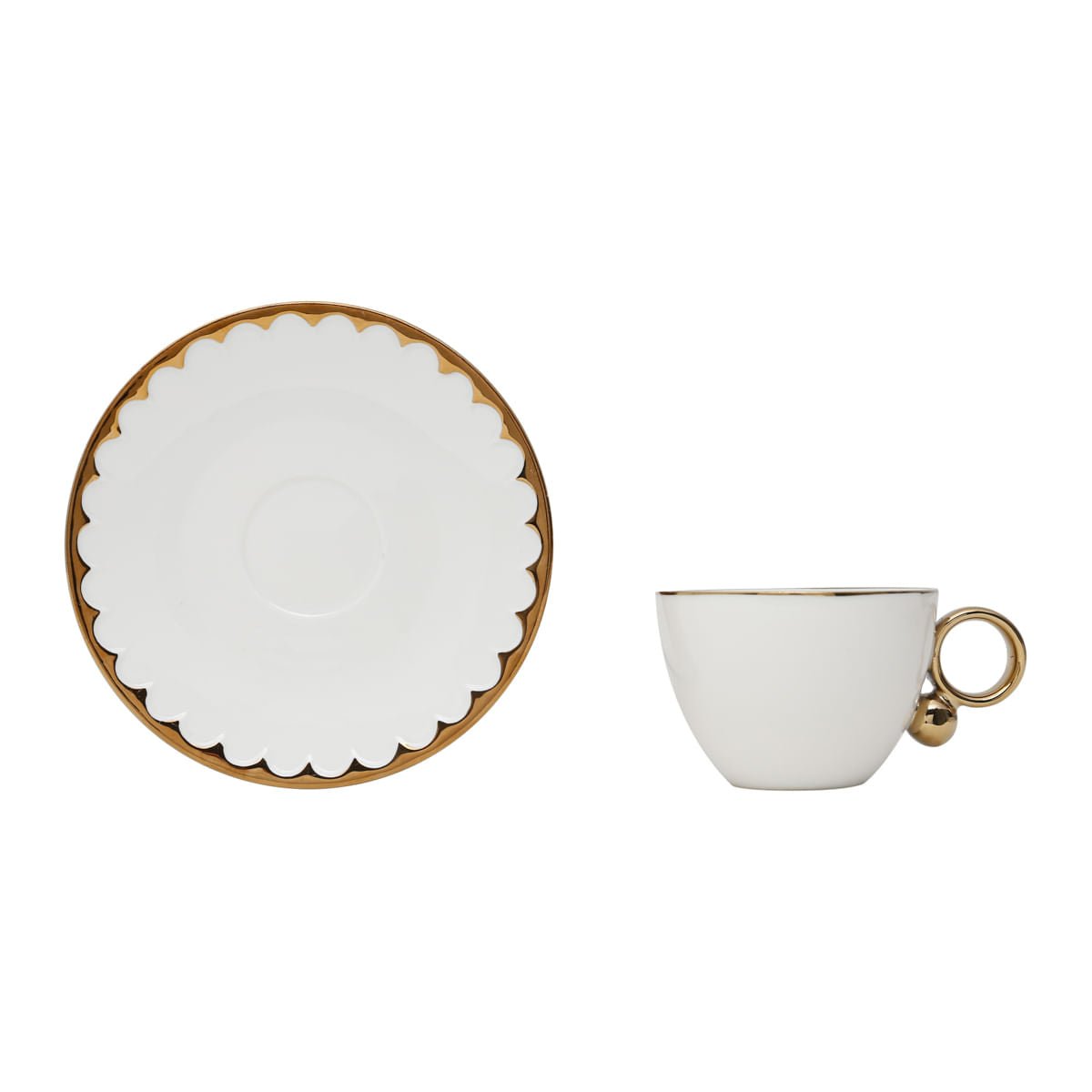 Jogo 6 Xícaras de Chá Porcelana com Pires Egg Branca e Dourada 200ml - Ela Decora