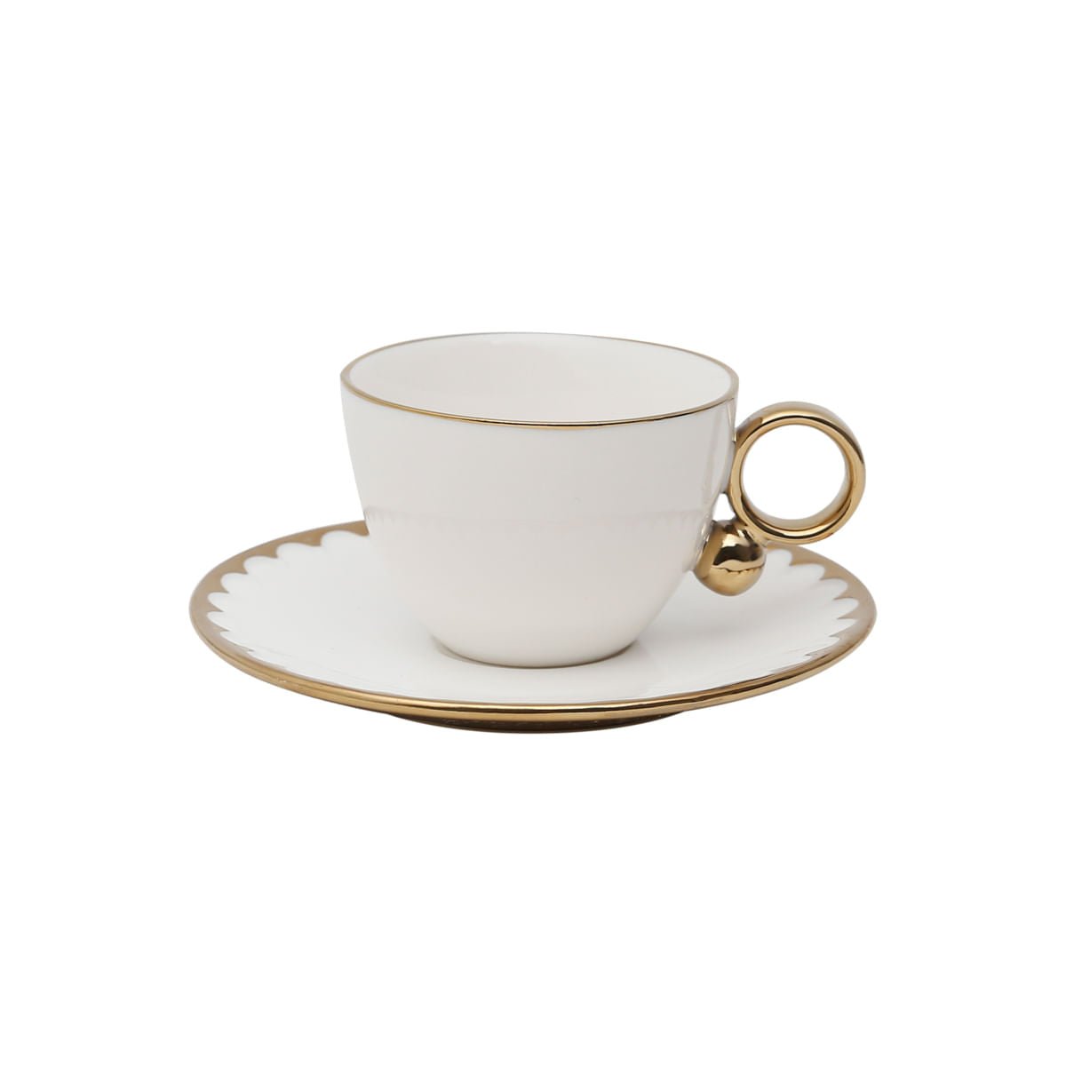 Jogo 6 Xícaras de Chá Porcelana com Pires Egg Branca e Dourada 200ml - Ela Decora