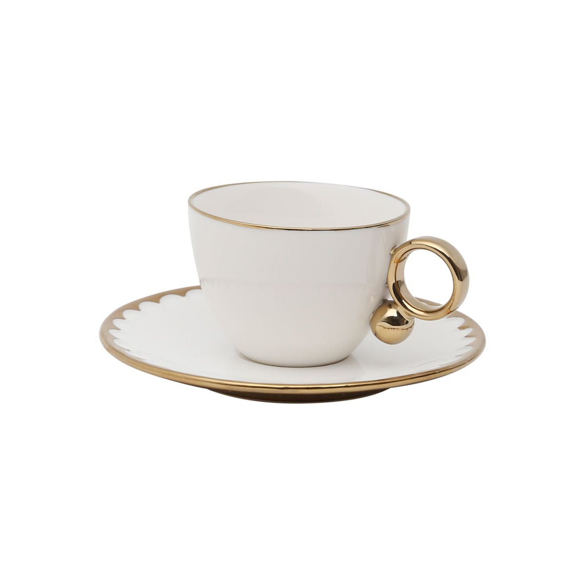 Jogo 6 Xícaras de Chá Porcelana com Pires Egg Branca e Dourada 200ml - Ela Decora