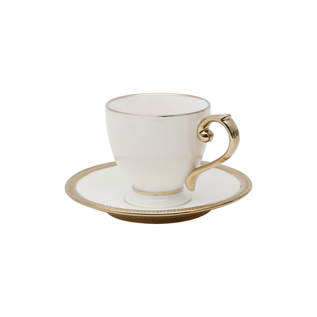 Jogo 6 Xicaras de Chá Porcelana com Pires Paddy Branca e Dourada 200ml - Ela Decora