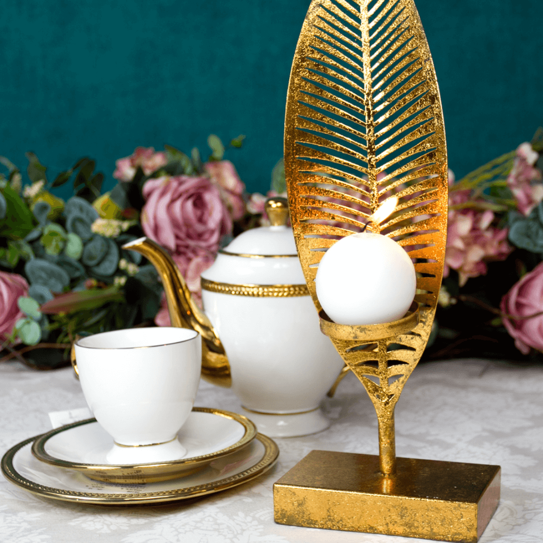Jogo 6 Xicaras de Chá Porcelana com Pires Paddy Branca e Dourada 200ml - Ela Decora