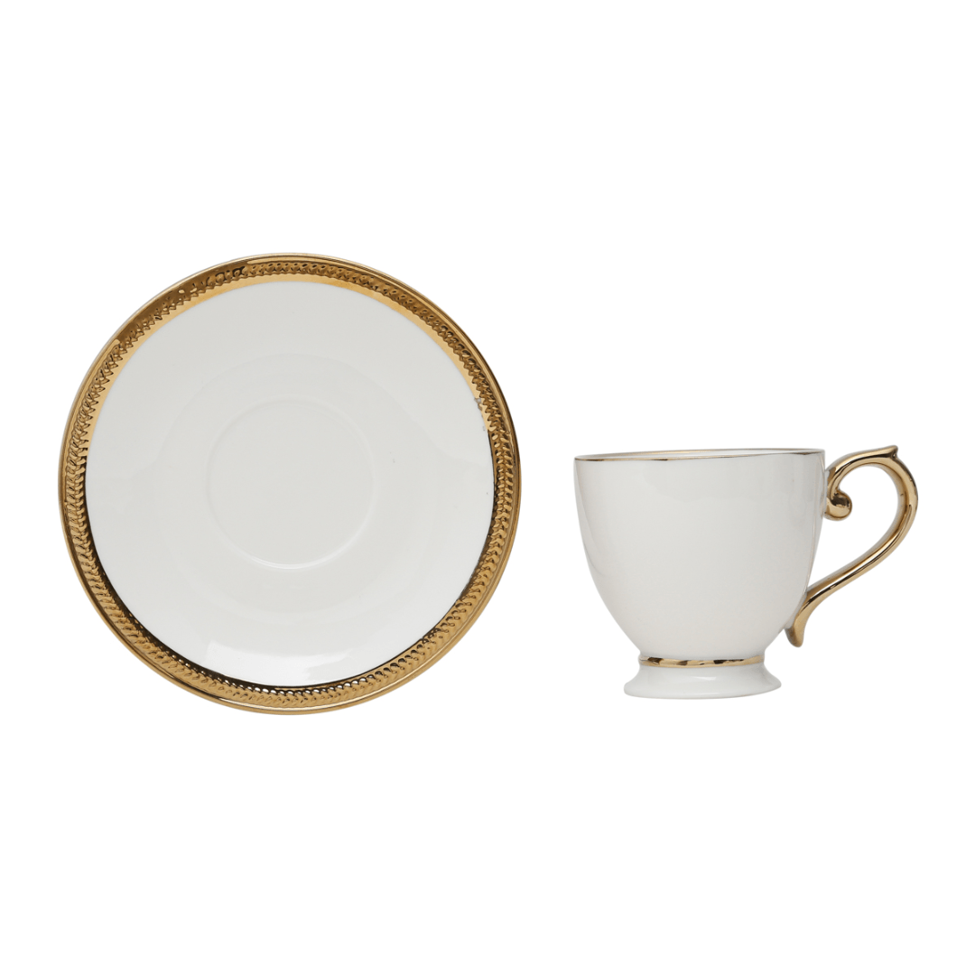Jogo 6 Xicaras de Chá Porcelana com Pires Paddy Branca e Dourada 200ml - Ela Decora
