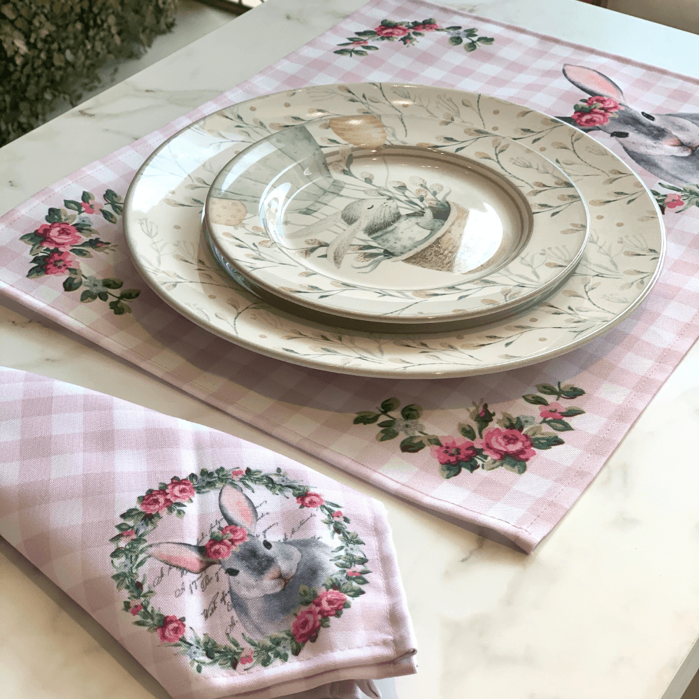 Jogo Americano Páscoa Coelho Xadrez Rosa 33x45cm - Ela Decora