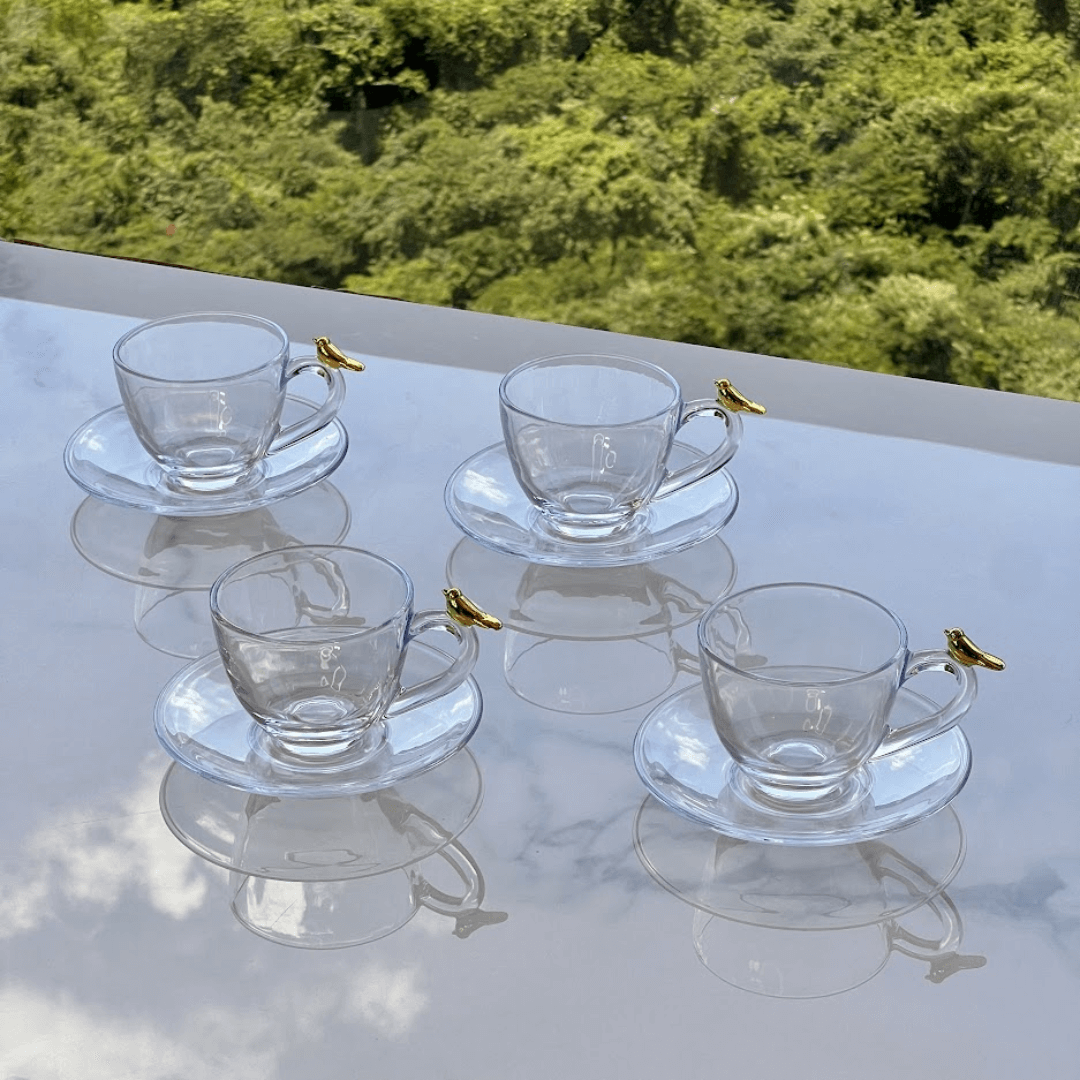 Jogo de 4 Xícaras de Café com Pires Golden Bird 80ml - Ela Decora