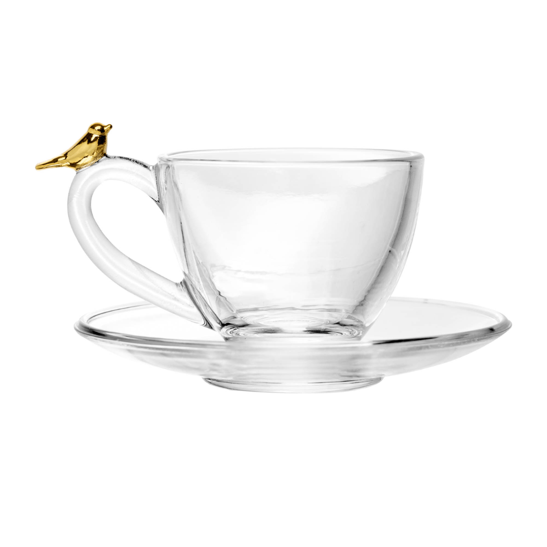 Jogo de 4 Xícaras de Chá com Pires Golden Bird - 180ml - Ela Decora