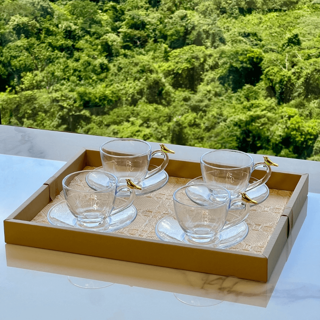 Jogo de 4 Xícaras de Chá com Pires Golden Bird - 180ml - Ela Decora