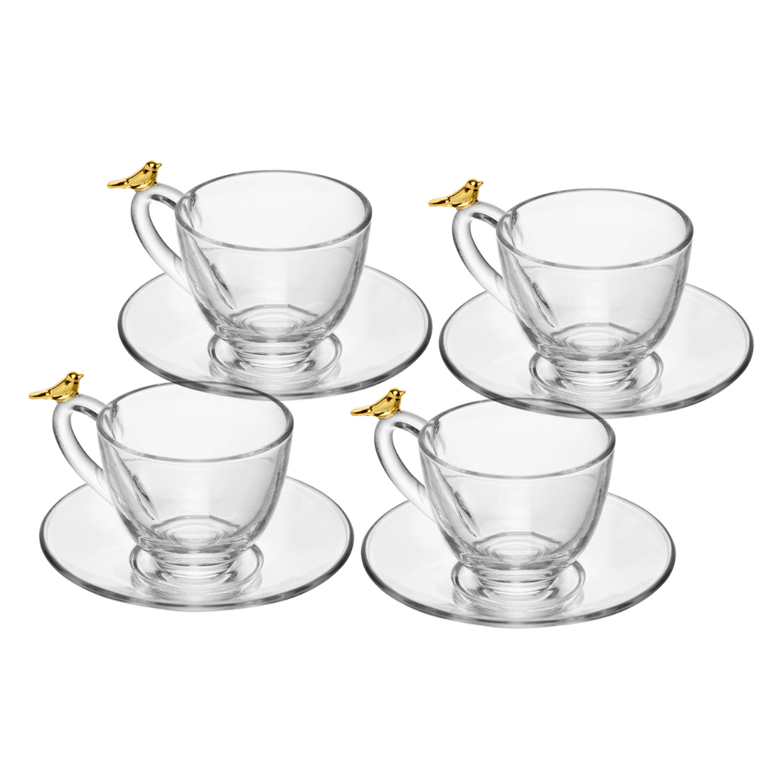 Jogo de 4 Xícaras de Chá com Pires Golden Bird - 180ml - Ela Decora