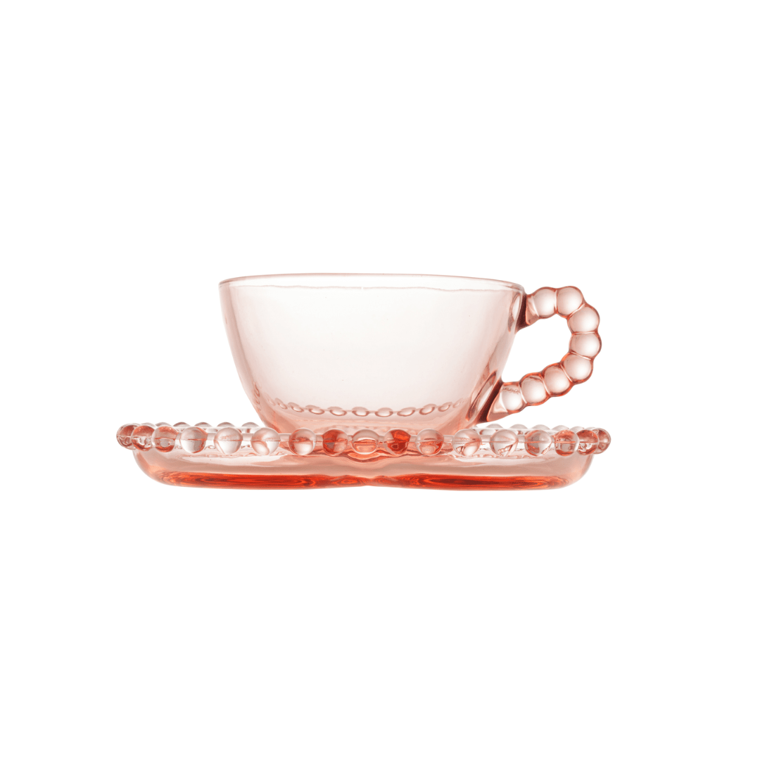 Jogo de 4 Xícaras de Chá Cristal com Pires Coração Pearl Rosa 180ml - Ela Decora