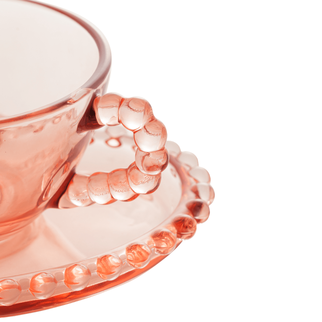 Jogo de 4 Xícaras de Chá Cristal com Pires Coração Pearl Rosa 180ml - Ela Decora