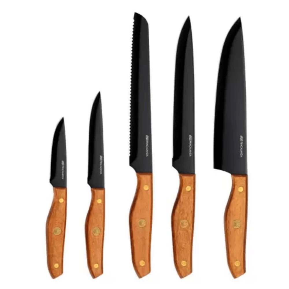 Jogo De 5 Facas Hanzzo Wood em Aço Inox Lâmina Preta - Ela Decora