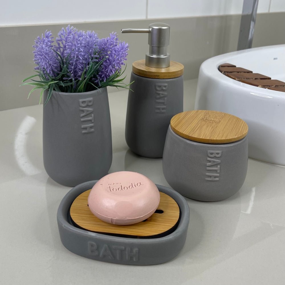 Jogo de Banheiro Cerâmica e Bambu Nature Cinza 5 Peças - Ela Decora
