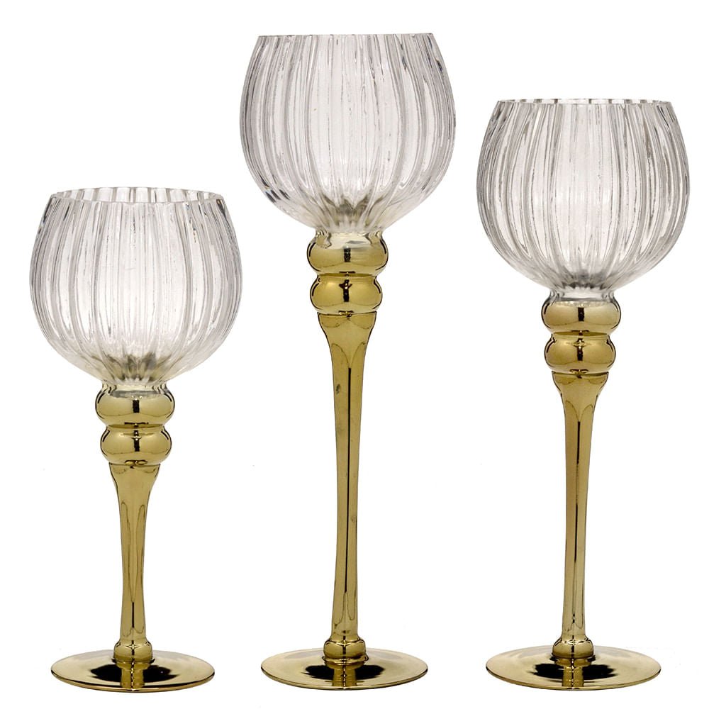 Jogo de Candelabros de Vidro Castiçal Transparente e Dourado 3 Peças 40cm - Ela Decora