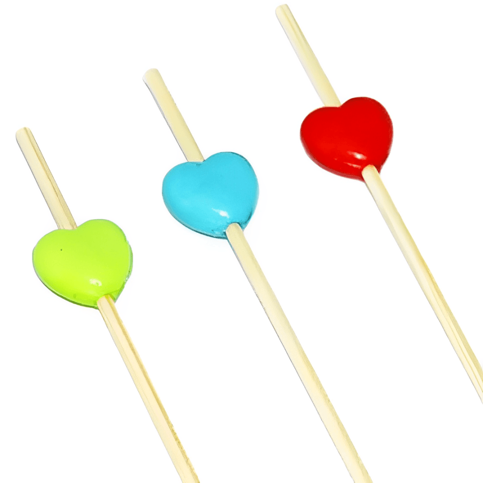 Jogo de Palitos para Petiscos em Bambu com Coração Coloridos 12cm - 20 Peças - Ela Decora