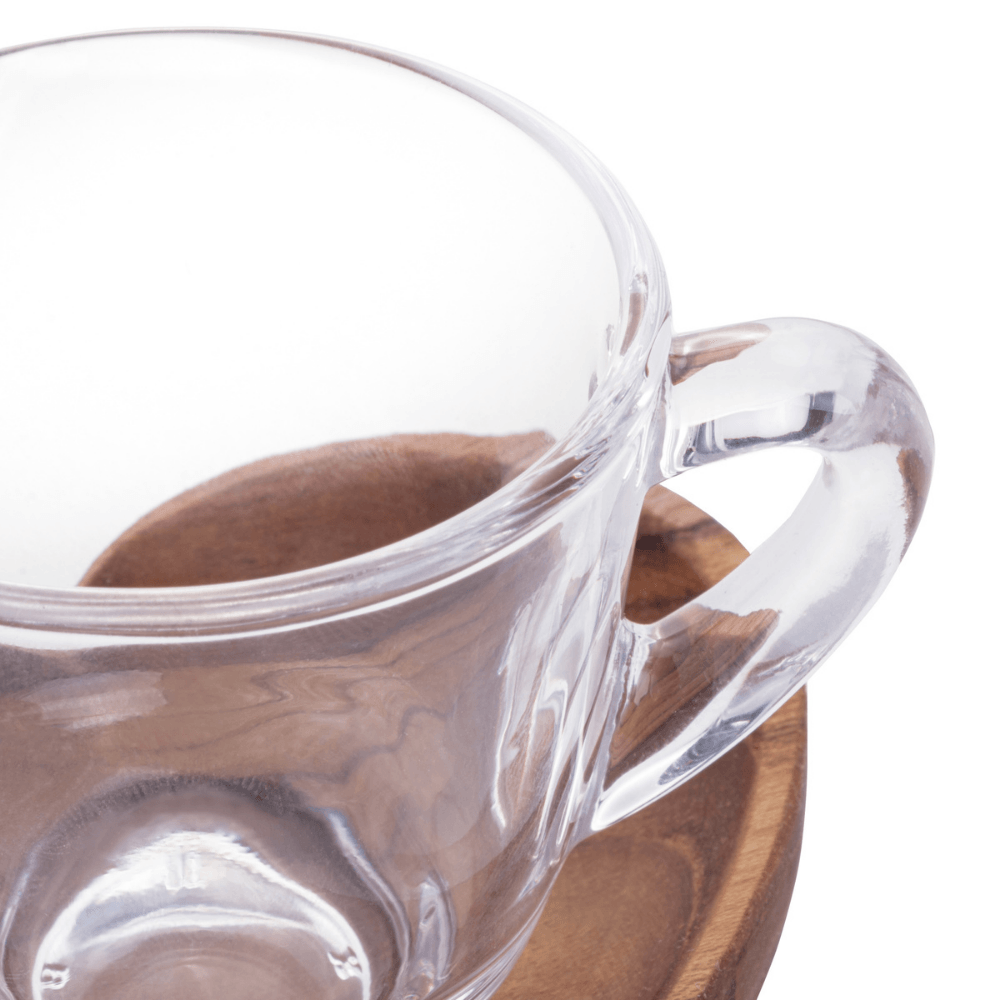 Jogo de Xícaras de Café com Pires de Coração Madeira Teca 75ml - 6 Peças - Ela Decora