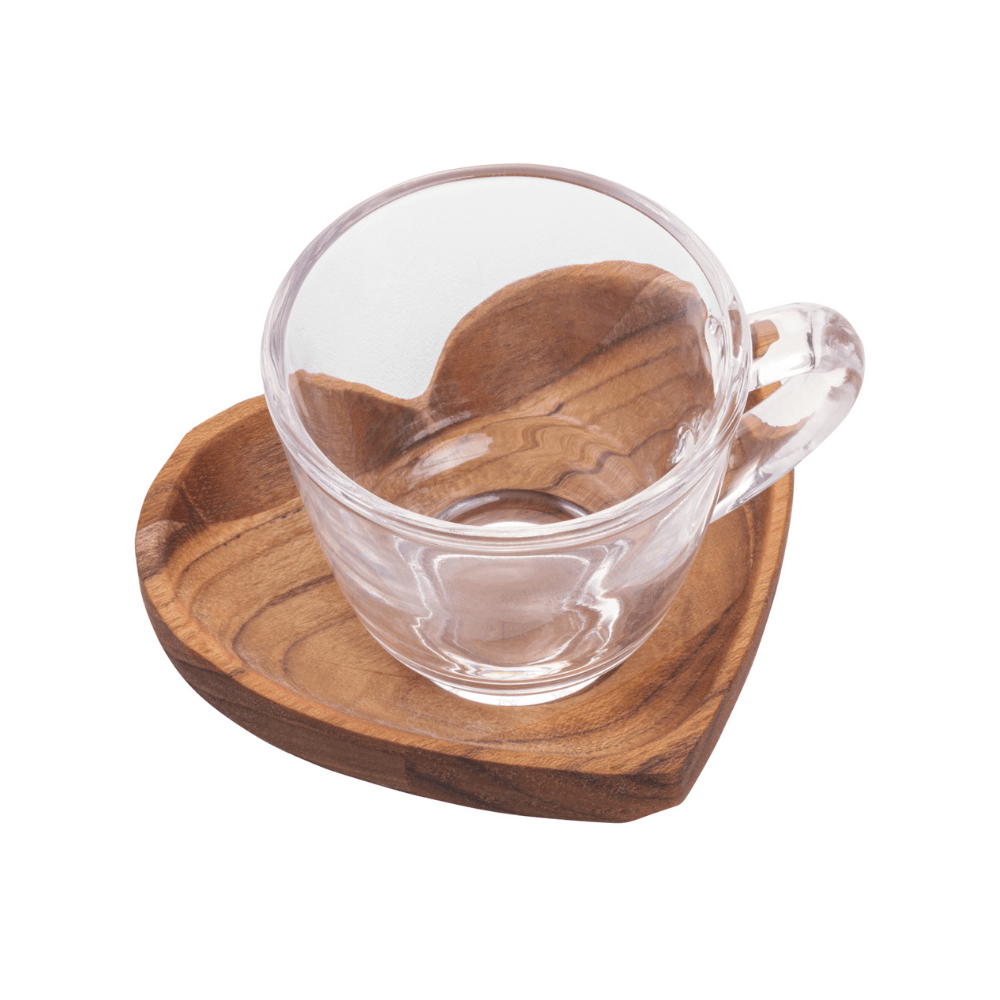 Jogo de Xícaras de Café com Pires de Coração Madeira Teca 75ml - 6 Peças - Ela Decora
