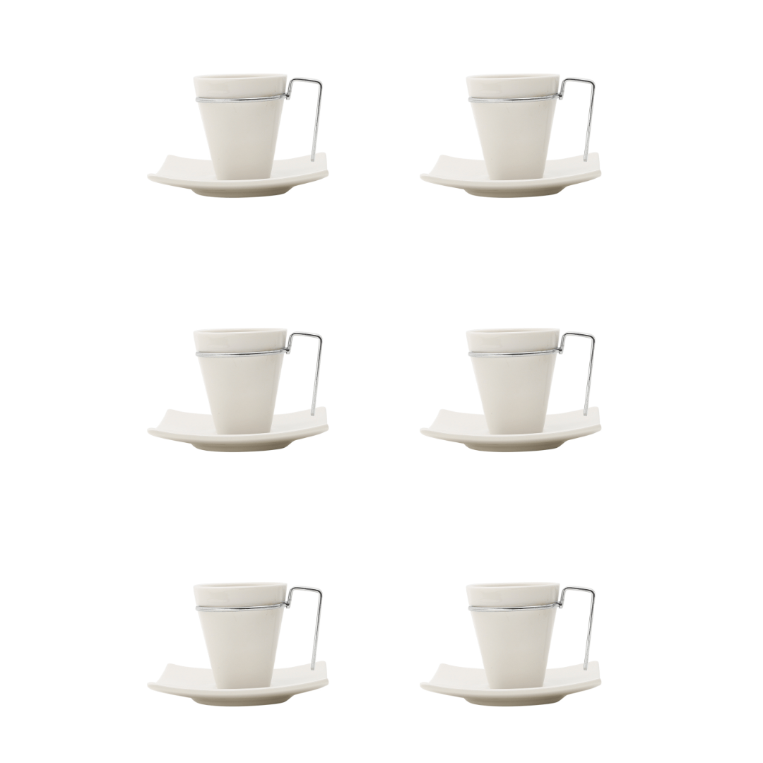 Jogo de Xícaras de Café com Pires Porcelana Alça Prata 80ml - 6 Peças - Ela Decora