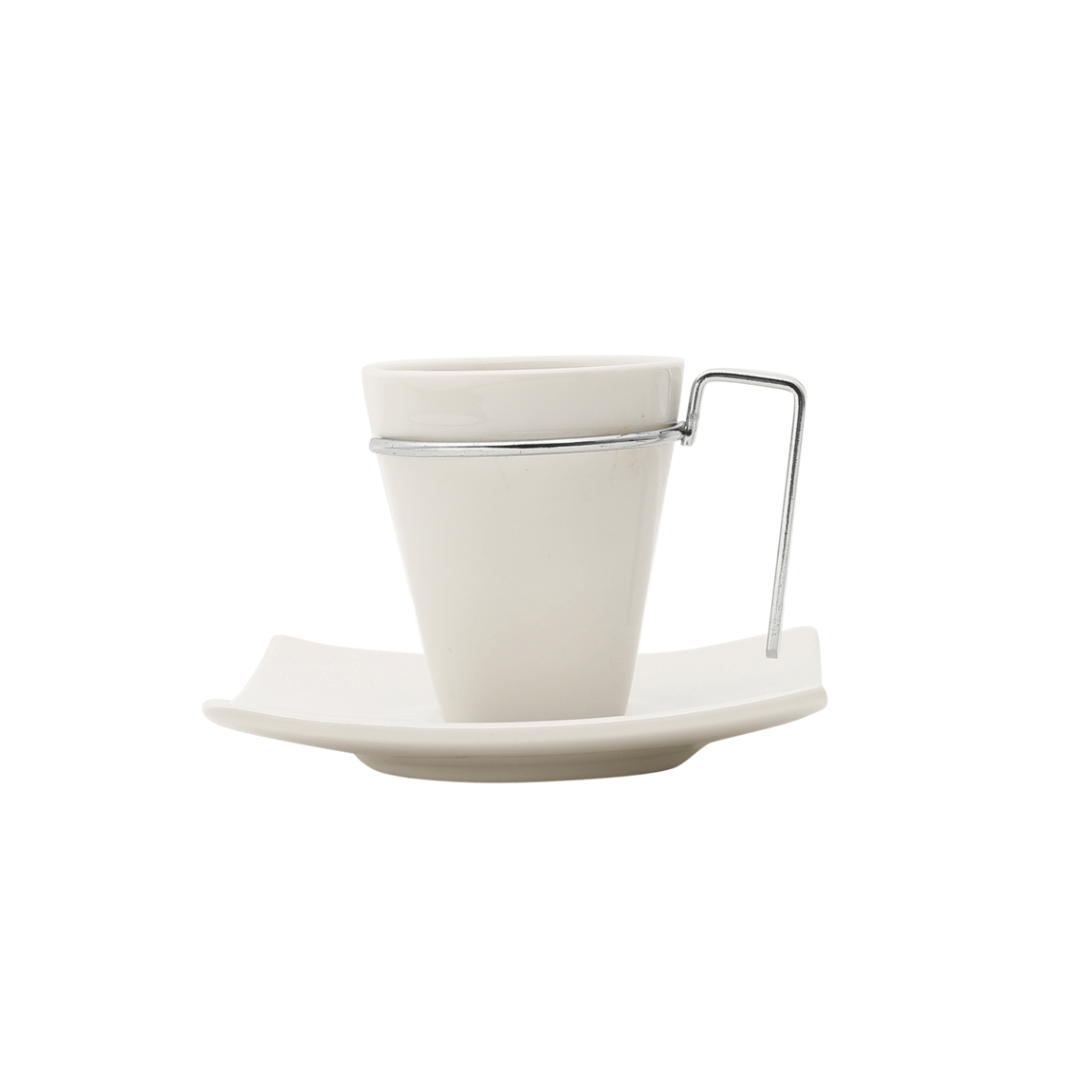 Jogo de Xícaras de Café com Pires Porcelana Alça Prata 80ml - 6 Peças - Ela Decora